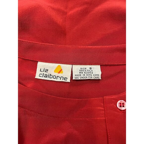 Vtg Liz Claiborne Womens Red 100% Silk Shirt Size 8 Made In Hong Kong 3 Button - Picture 6 of 7